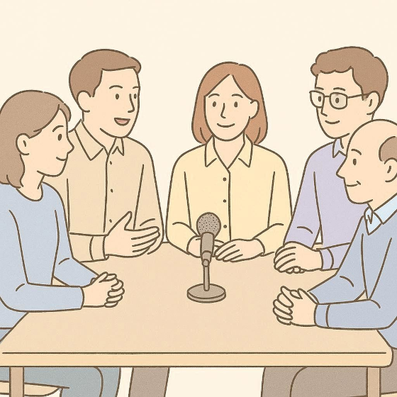 Reunión alrededor de mesa con micrófono